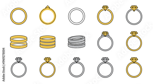 Ring icons, jewelry symbols, gold silver wedding bands, engagement rings