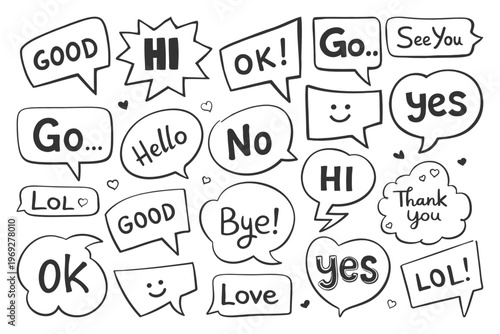 Hand-drawn Speech Bubbles with Various Words and Emojis