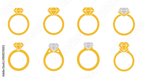 Golden wedding rings, diamond engagement rings, luxury jewelry icons, yellow gold bands