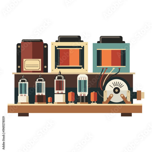 Vintage Vacuum Tube Amplifier Circuit Board Vector Illustration, Retro Audio Electronic Hardware Component Design for Music Equipment and Sound Engineering Projects