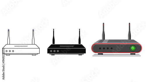Wireless Internet Router Vector Illustration Set Featuring Line Art, Solid Silhouette, and Modern Realistic 3D Style Designs for Network Connectivity and IT Infrastructure Projects