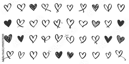 Hand-drawn heart icons set, doodle collection on white background