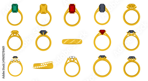 Collection of golden jewelry with precious stones.