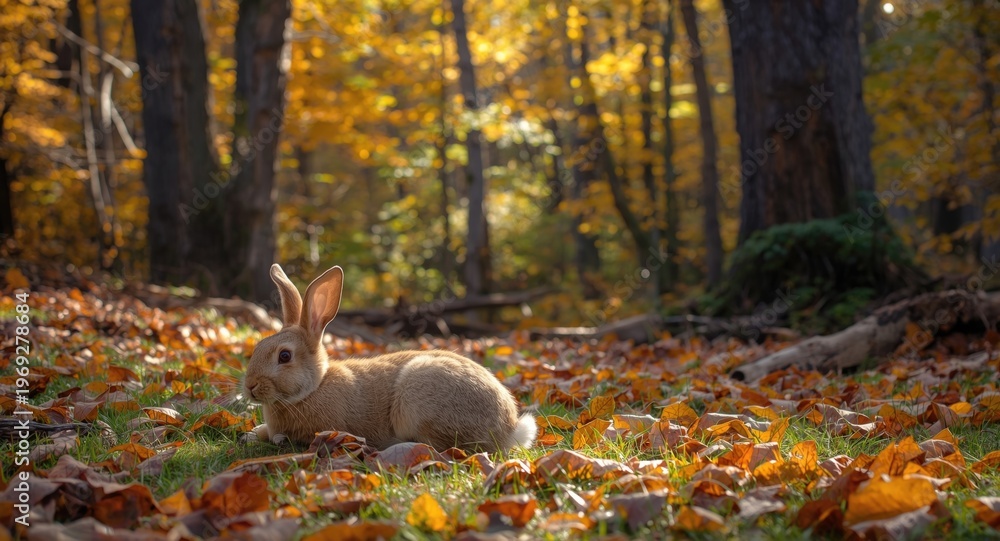 Naklejka premium Gentle rabbit resting in a bright fall forest clearing with colorful leaves and tall trees