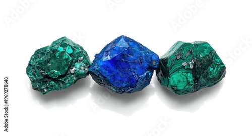 Unpolished azurite and malachite stones close detailed view on clean white backdrop
