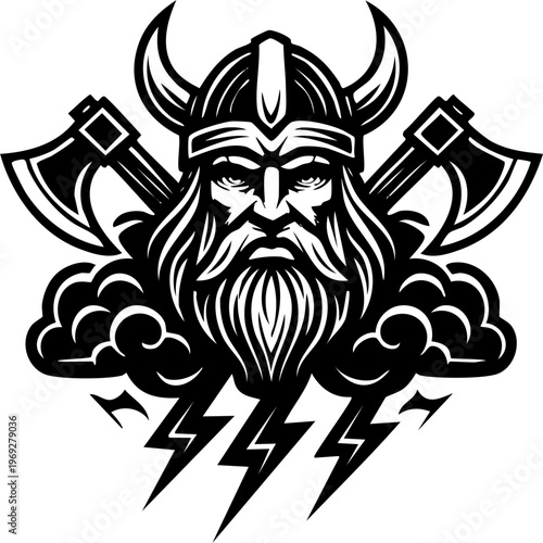 Man With Axe : A gothic tribal skull vector illustration featuring a black lion head design and evil human face art for a horror logo or Halloween decoration