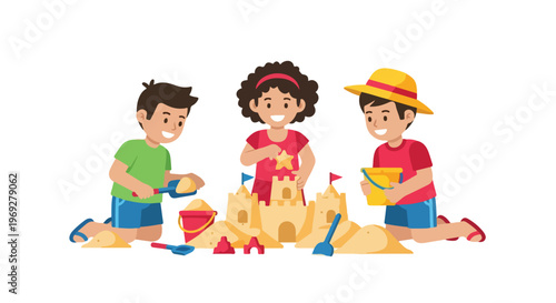Three happy children are working together to build a detailed sandcastle with various colorful beach toys on a sunny day.