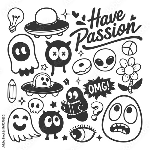 Doodle Art Collection. UFOs, Ghosts, Aliens, and Inspiring Phrases