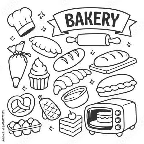Doodle Bakery Icons. Bread, Pastries, Oven, and Chef Hat