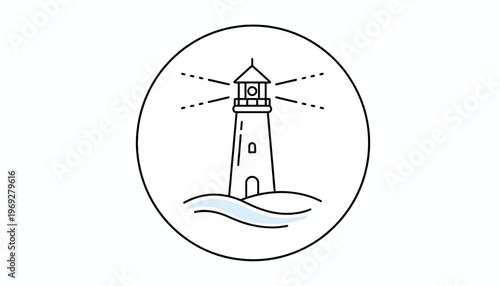 Minimalist Lighthouse Icon with Light Beams and Waves