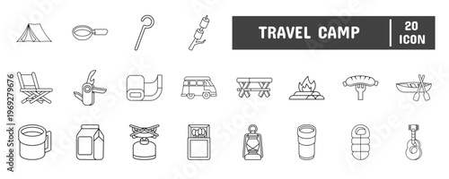 20 Travel Camp Line Icon Illustration Set