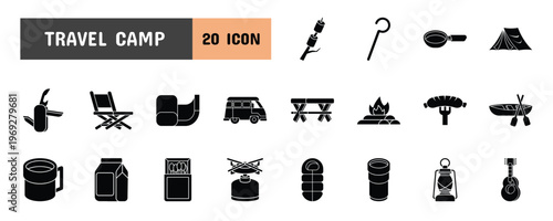 20 Travel Camp Glyph Icon Illustration Set