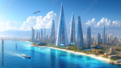 Futuristic coastal city, aerial view