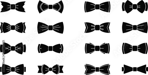 Set of black bow tie silhouettes, vector illustrations of various formal bow ties, fashion accessory icons, stylish neckwear designs for digital projects and branding