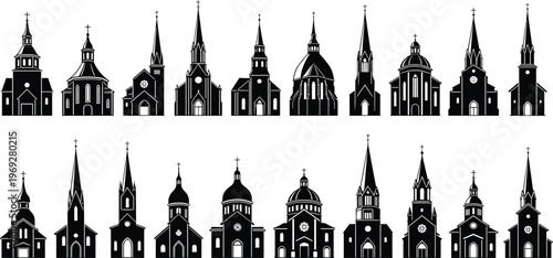 Set of black church building silhouettes, vector icons of religious architecture, cathedral and chapel designs, Christian church symbols, isolated vector illustrations for digital use