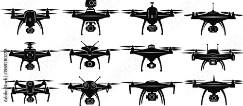 Set of black drone silhouettes with cameras, aerial quadcopter illustrations, remote controlled drones collection, technology flying devices vector, modern drone designs isolated