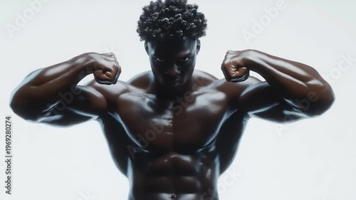 Muscular athlete showcasing strength against white backdrop