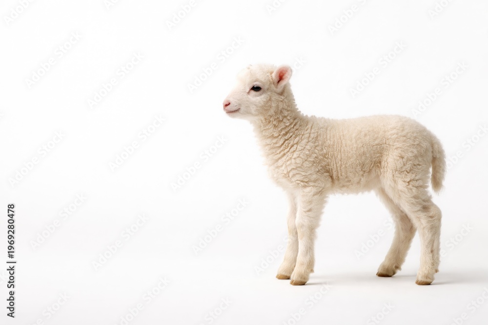 Fototapeta premium Full length side view of a young lamb on white background showing innocence and sacrifice with copy space