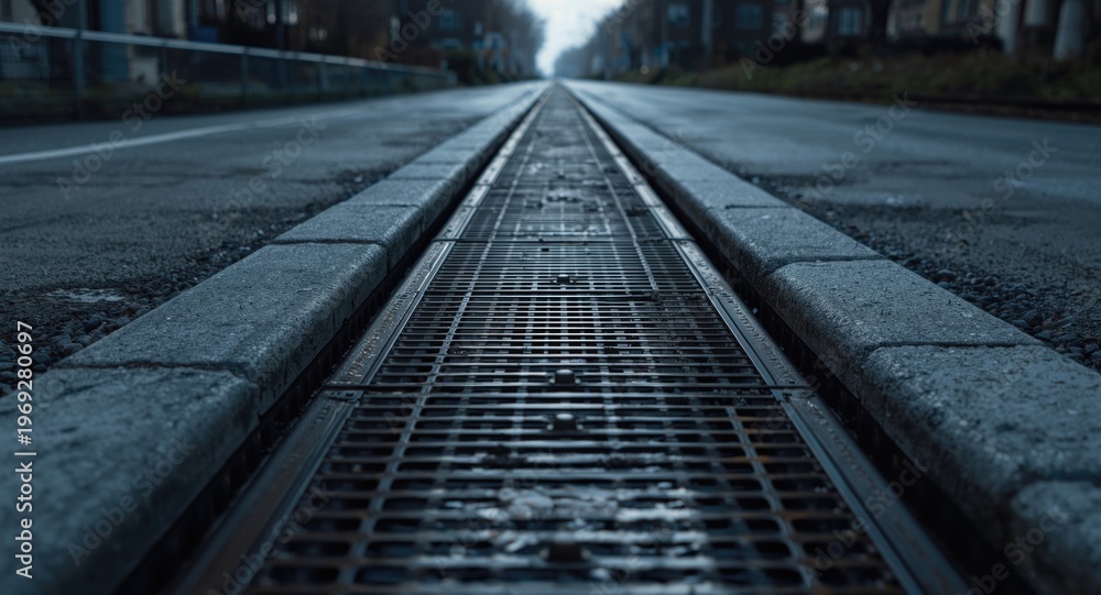 Fototapeta premium Sustainable city drainage using concrete road channels and metal grate covers