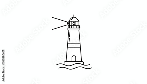 Lighthouse Beacon Guiding Ships at Sea, Nautical Navigation Symbol, Vector Line Art