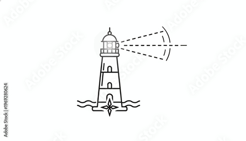 Lighthouse Beacon Guiding Ships at Sea, Navigation Symbol, Maritime Safety, Vector Illustration
