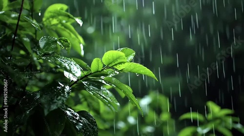 A close-up slow motion shot of rain falling on lush green leaves in a forest, creating a fresh and natural feeling. Ideal for nature, wellness, and environmental themes.