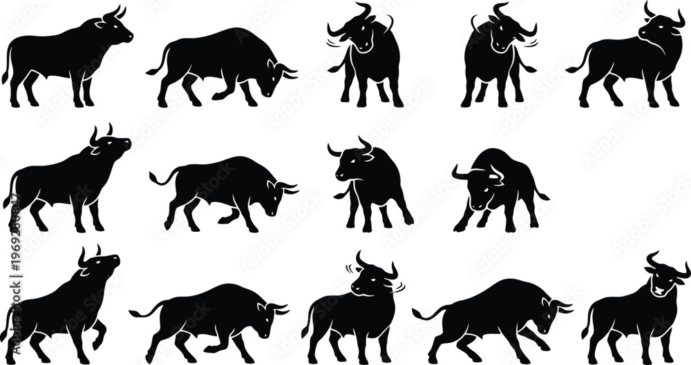 Fototapeta premium Dynamic bull silhouette vector collection. Features various poses of powerful oxen, including charging, standing, and aggressive stances. Ideal for financial market graphics and sports team logos.