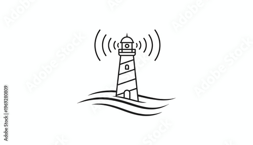 Lighthouse broadcasting signal over waves, communication, navigation, beacon, maritime, technology