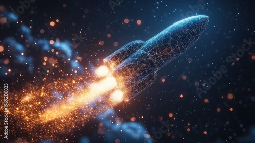 Futuristic rocket launch, abstract design with glowing particles