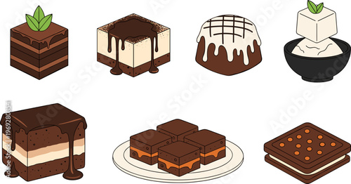 Chocolate Dessert Set Collection with Brownies, Cakes, Cream Layers, and Sweet Bakery Treats Vector Illustration