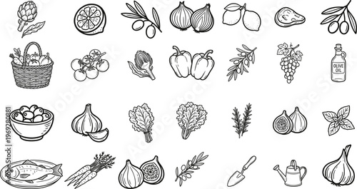 Hand drawn botanical sketch collection diverse fruits vegetables and floral elements in black and white
