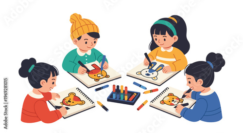 Four adorable children sit together around a table, focused and happy as they draw colorful animal portraits in their sketchbooks with markers.