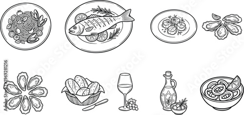 Culinary delights a sketch collection of seafood shellfish and beverage illustrations in black and white