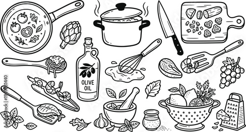 Culinary collection a hand drawn sketch of essential kitchen tools and fresh ingredients for cooking