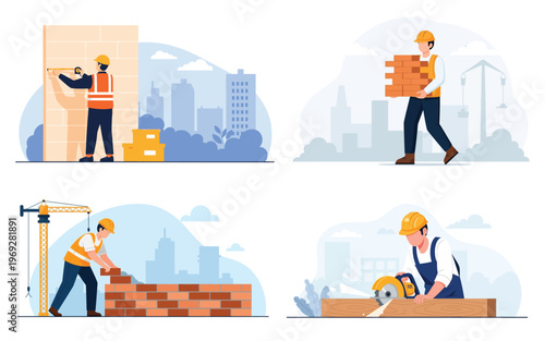 Construction workers with tools performing various tasks illustration.