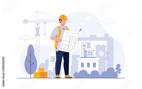 Construction engineer in hard hat reviewing blueprint.