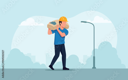 Construction worker carrying cement bag on shoulder.