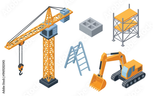 Construction machinery set with crane excavator ladder and scaffolding.