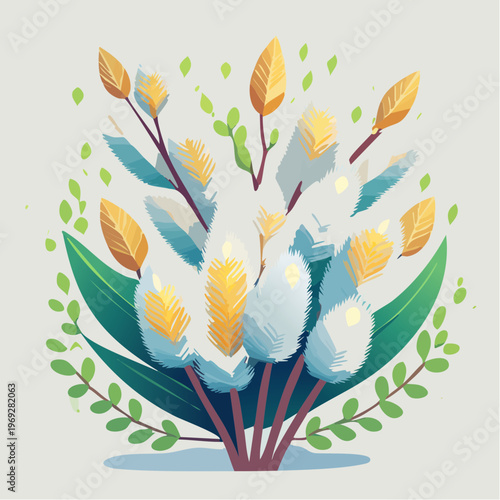 Pussy willow branches with green leaves