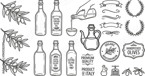 Vintage botanical illustration a collection of olive branches bottles and decorative flourishes in black and white