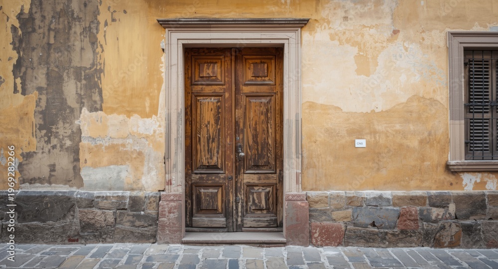 Fototapeta premium Historic building with vintage wooden door featuring aged paint textures and stone pavement details