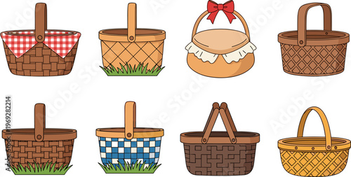 Picnic Basket Collection Set with Wicker Baskets, Cloth Covers, and Outdoor Storage Containers Vector Illustration for Summer Activities