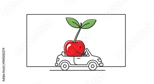 Happy Cherry Driving a Car with Leaves, Funny Fruit Character, Summer Road Trip