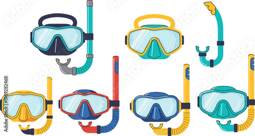 Snorkeling Mask and Tube Collection with Colorful Diving Goggles and Underwater Swimming Equipment Vector Illustration Set