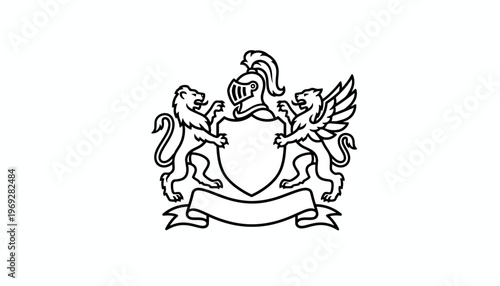 Heraldic Crest Shield with Lion and Griffin Supporters, Banner, Helmet, and Plume