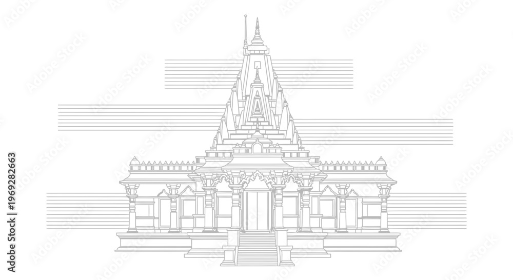 Naklejka premium Indian Temple Architecture Line Drawing, Traditional Hindu Temple Facade, Cultural Landmark