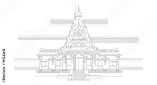 Indian Temple Architecture Line Drawing, Traditional Hindu Temple Facade, Cultural Landmark