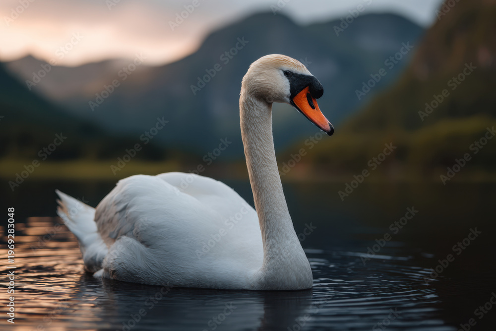 Fototapeta premium White swan on calm lake at sunset with mountain background, serene wildlife scene