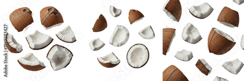 Foto Set of fresh coconut pieces and broken chunks isolated on white background