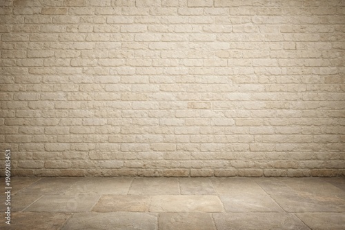 Cream brick wall texture background with stone floor for vintage interior design
